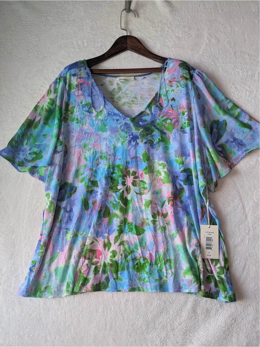 Sunny Leigh Floral V-Neck Short Sleeve Top in Blue, Green and Pink